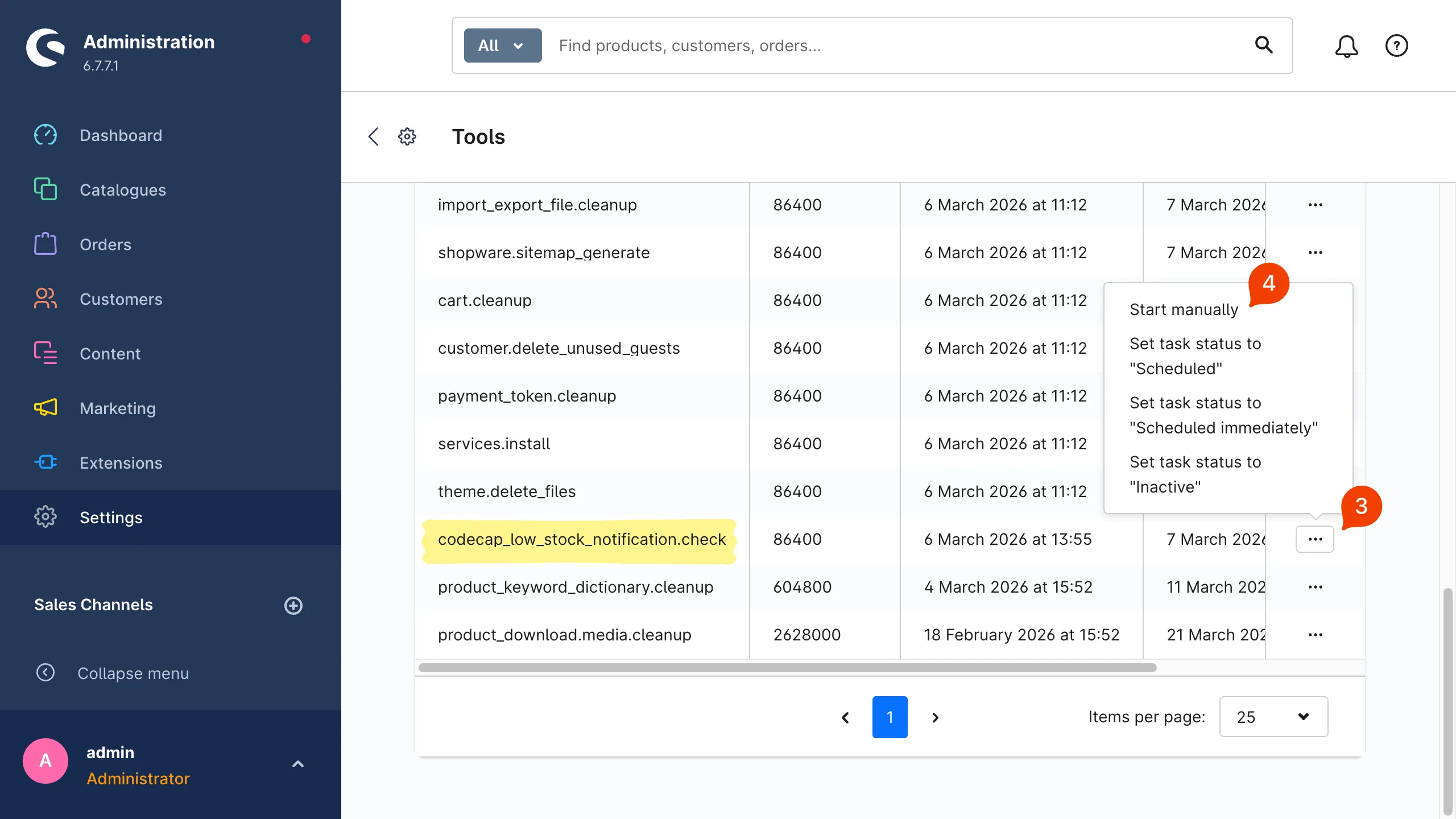 Aktionsmenü geöffnet